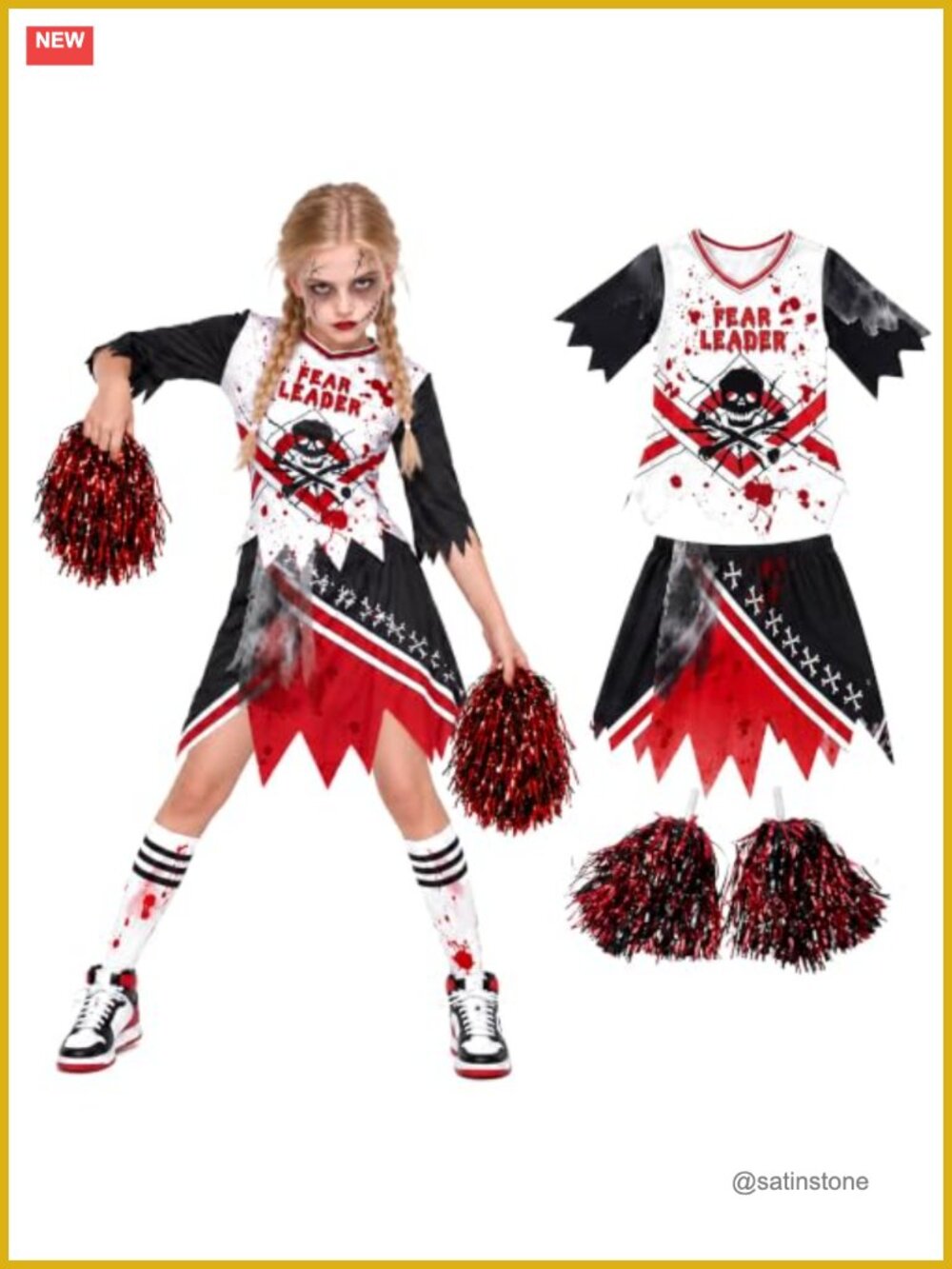 Zombie Cheerleader Costume Girls Halloween Dress Up Outfit with Pom Poms